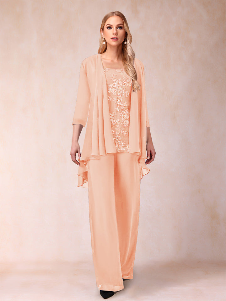 Chiffon Scoop 3/4 Sleeves 3 Pieces Pantsuits with Applique &amp; Jacket