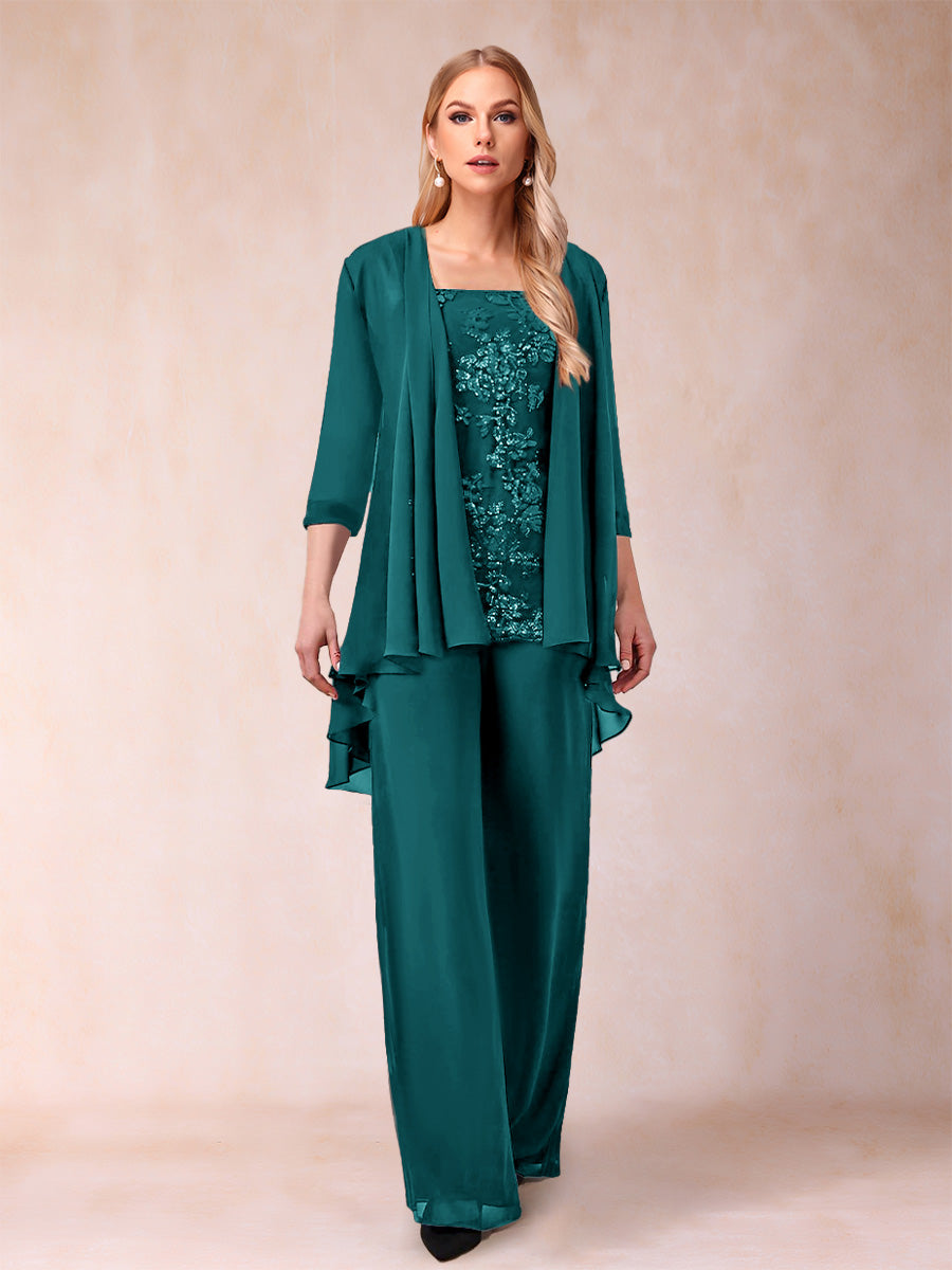 Chiffon Scoop 3/4 Sleeves 3 Pieces Pantsuits with Applique &amp; Jacket
