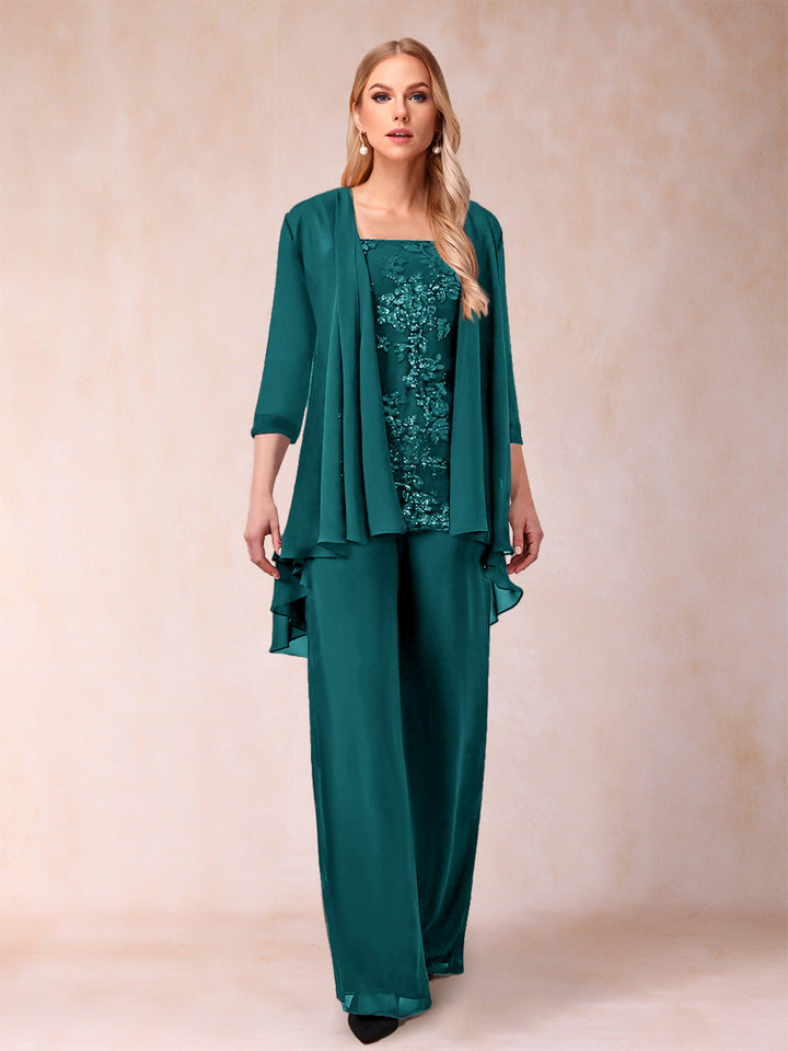 Chiffon Scoop 3/4 Sleeves 3 Pieces Pantsuits with Applique &amp; Jacket