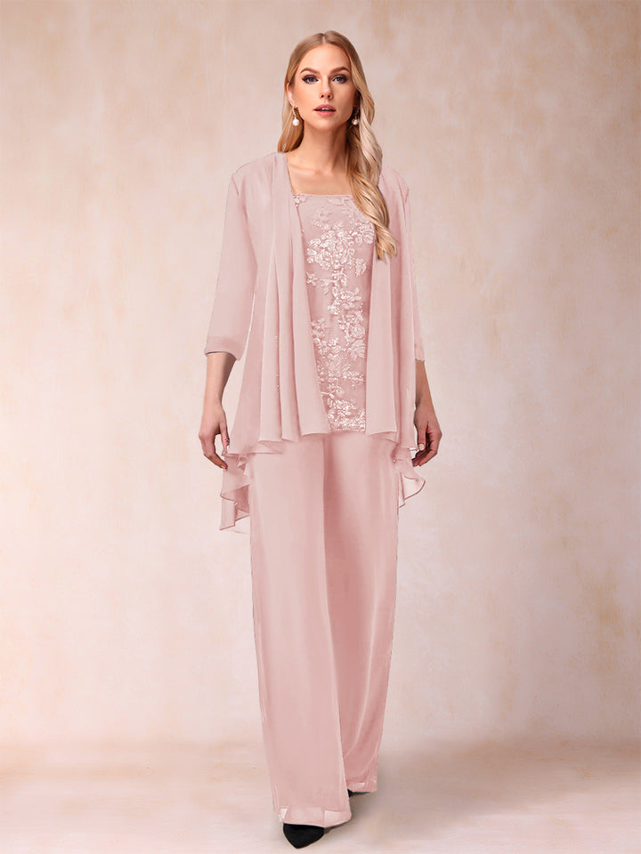 Chiffon Scoop 3/4 Sleeves 3 Pieces Pantsuits with Applique &amp; Jacket