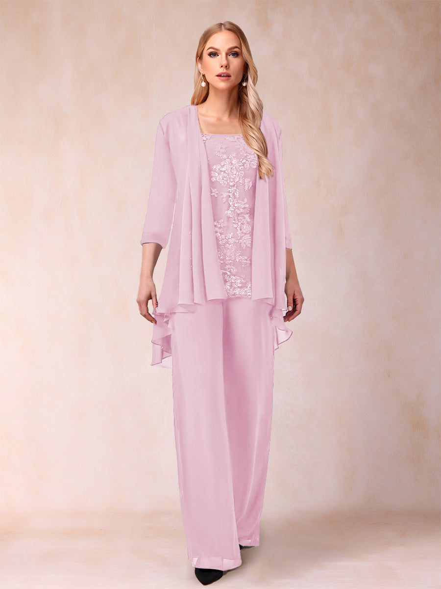 Chiffon Scoop 3/4 Sleeves 3 Pieces Pantsuits with Applique &amp; Jacket