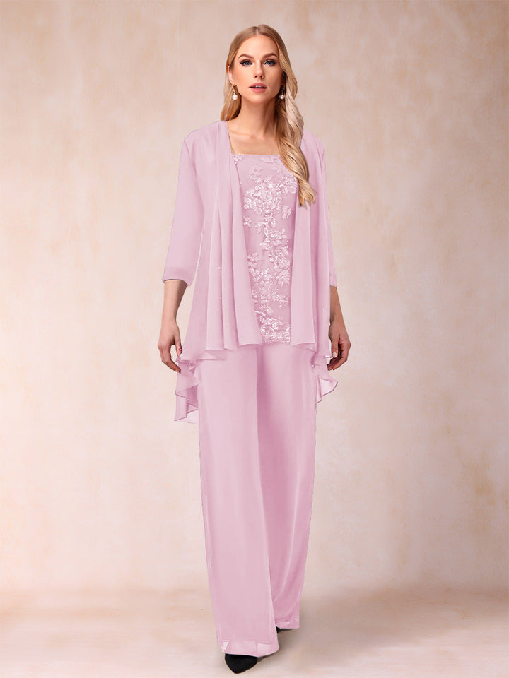 Chiffon Scoop 3/4 Sleeves 3 Pieces Pantsuits with Applique &amp; Jacket