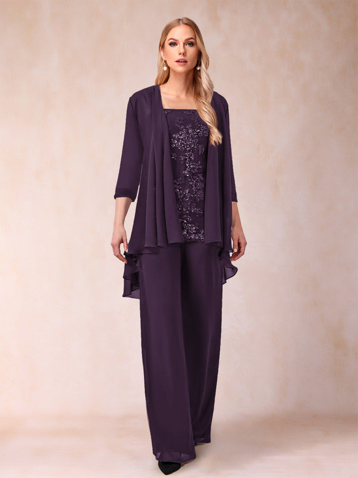 Chiffon Scoop 3/4 Sleeves 3 Pieces Pantsuits with Applique &amp; Jacket