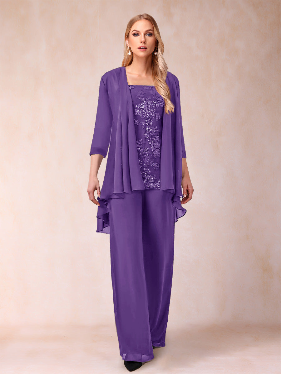 Chiffon Scoop 3/4 Sleeves 3 Pieces Pantsuits with Applique &amp; Jacket