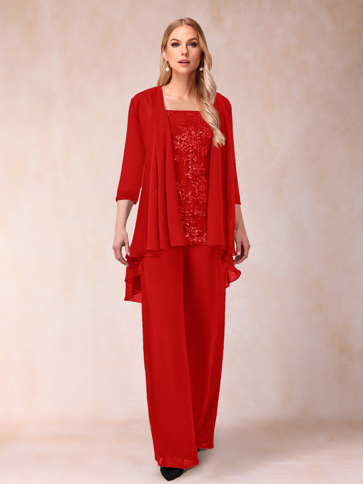 Chiffon Scoop 3/4 Sleeves 3 Pieces Pantsuits with Applique &amp; Jacket