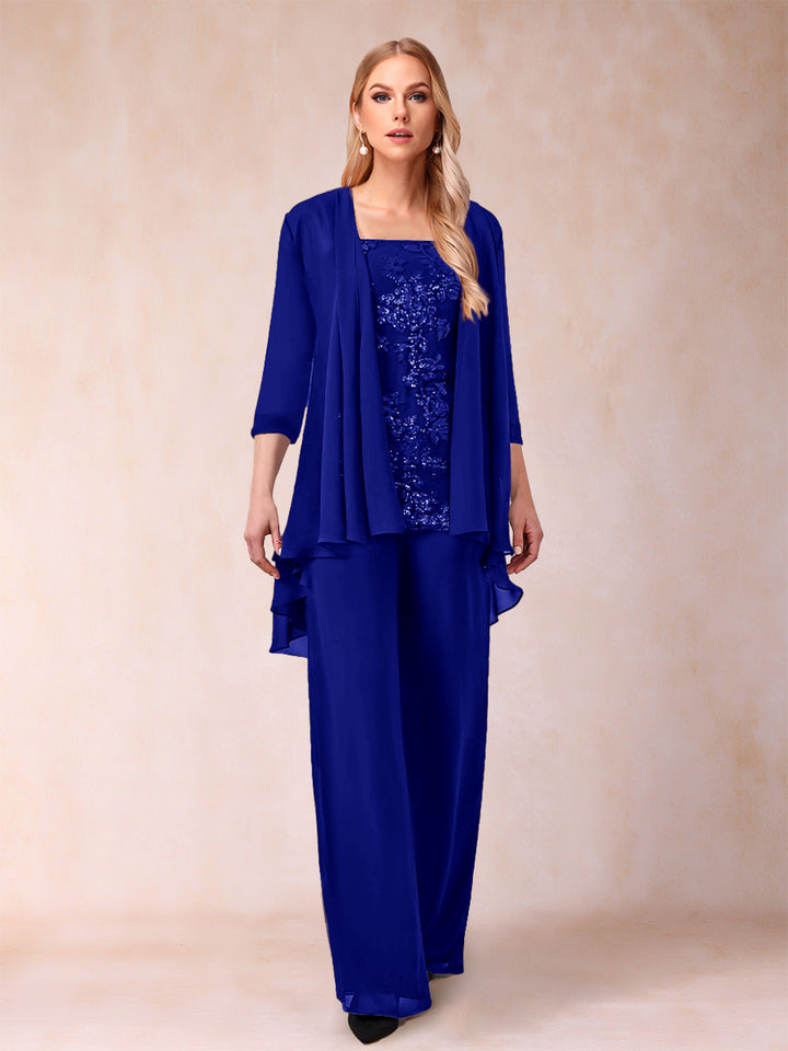 Chiffon Scoop 3/4 Sleeves 3 Pieces Pantsuits with Applique &amp; Jacket