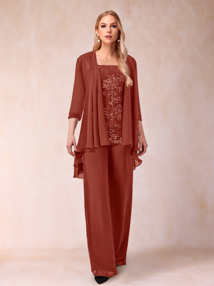 Chiffon Scoop 3/4 Sleeves 3 Pieces Pantsuits with Applique &amp; Jacket