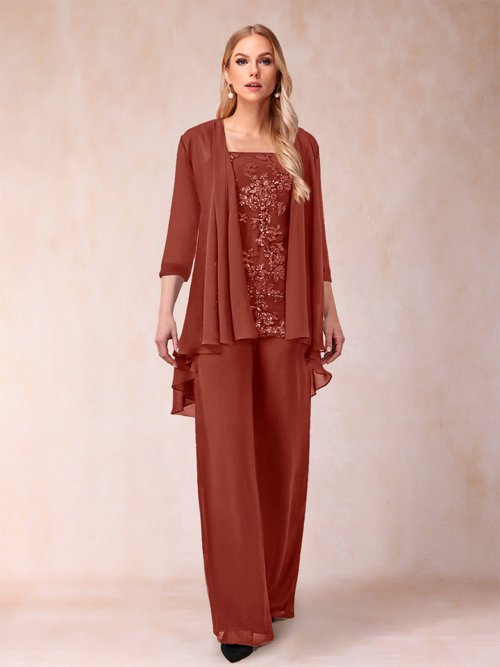 Chiffon Scoop 3/4 Sleeves 3 Pieces Pantsuits with Applique &amp; Jacket