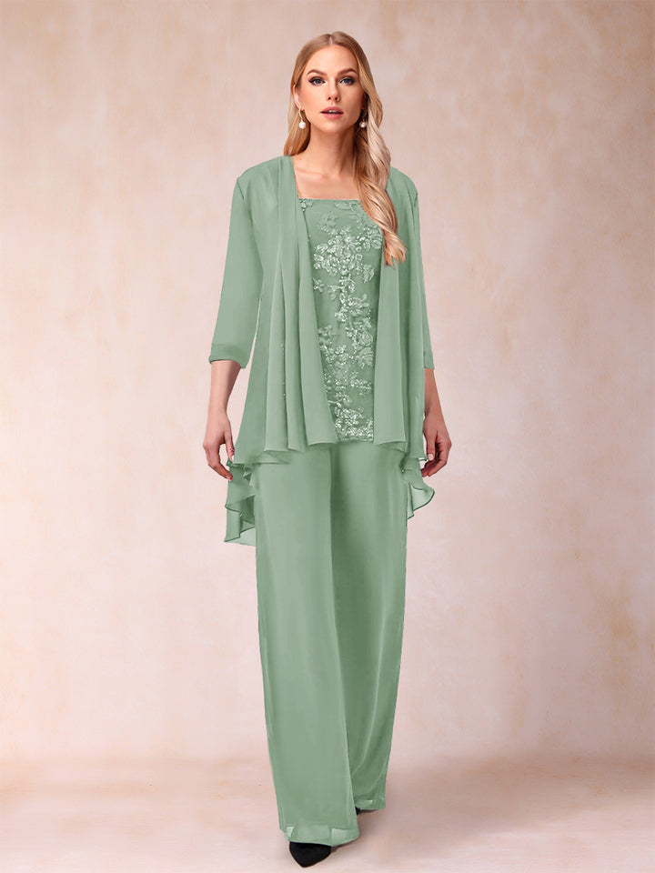 Chiffon Scoop 3/4 Sleeves 3 Pieces Pantsuits with Applique &amp; Jacket