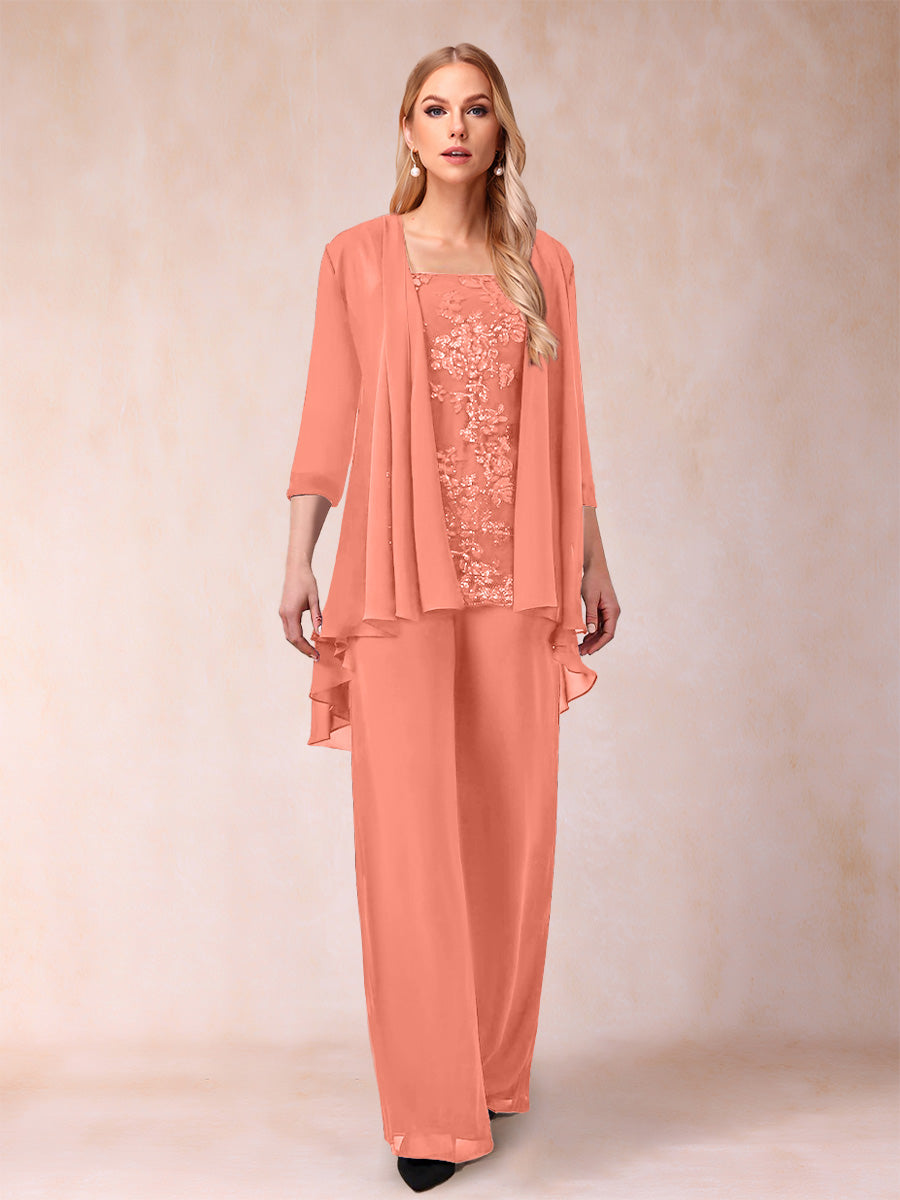 Chiffon Scoop 3/4 Sleeves 3 Pieces Pantsuits with Applique &amp; Jacket