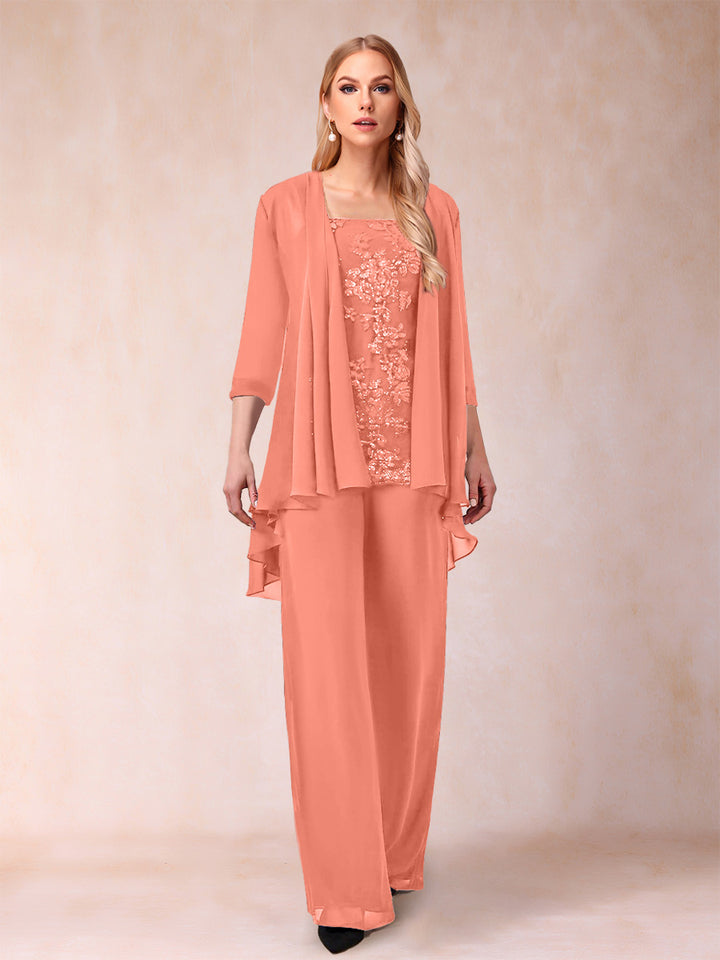 Chiffon Scoop 3/4 Sleeves 3 Pieces Pantsuits with Applique &amp; Jacket