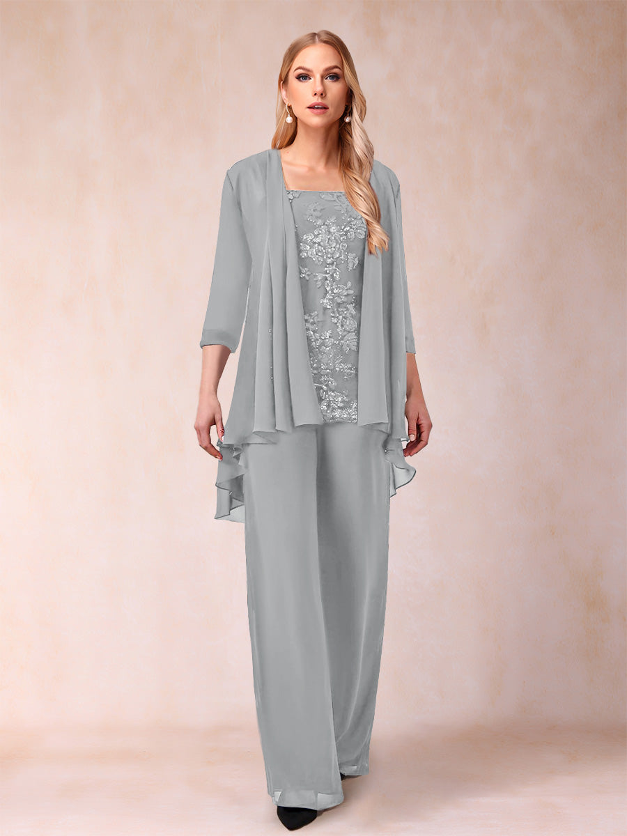 Chiffon Scoop 3/4 Sleeves 3 Pieces Pantsuits with Applique &amp; Jacket