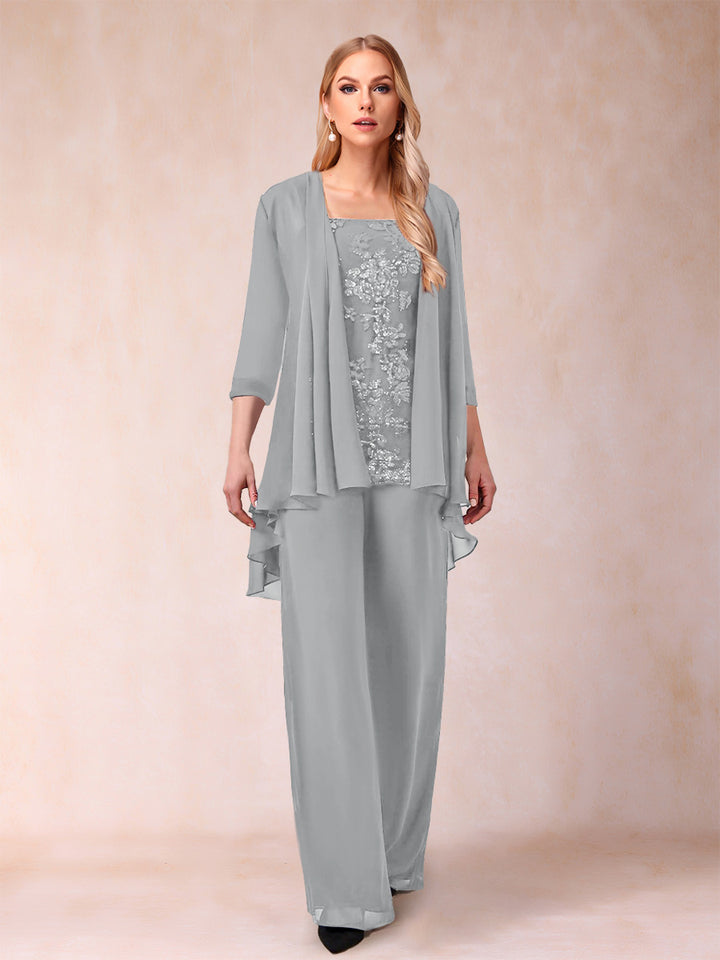 Chiffon Scoop 3/4 Sleeves 3 Pieces Pantsuits with Applique &amp; Jacket