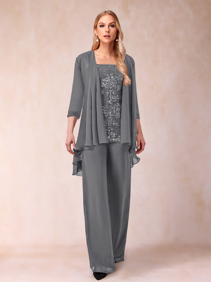 Chiffon Scoop 3/4 Sleeves 3 Pieces Pantsuits with Applique &amp; Jacket