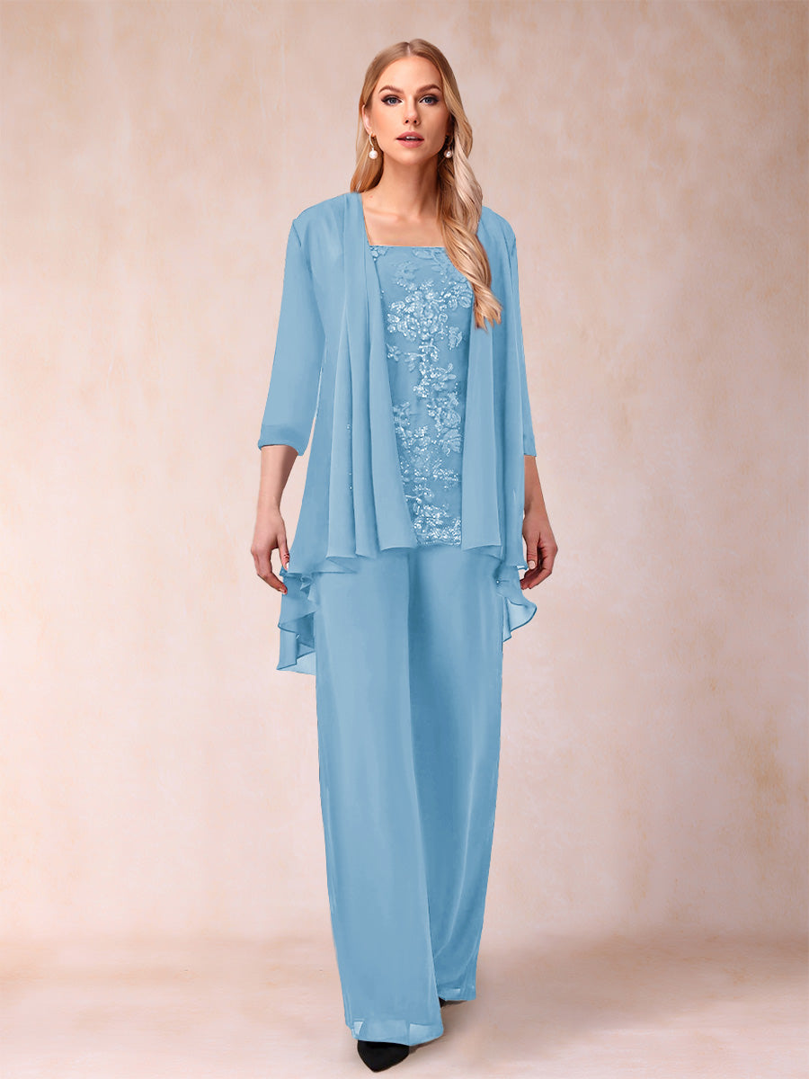 Chiffon Scoop 3/4 Sleeves 3 Pieces Pantsuits with Applique &amp; Jacket