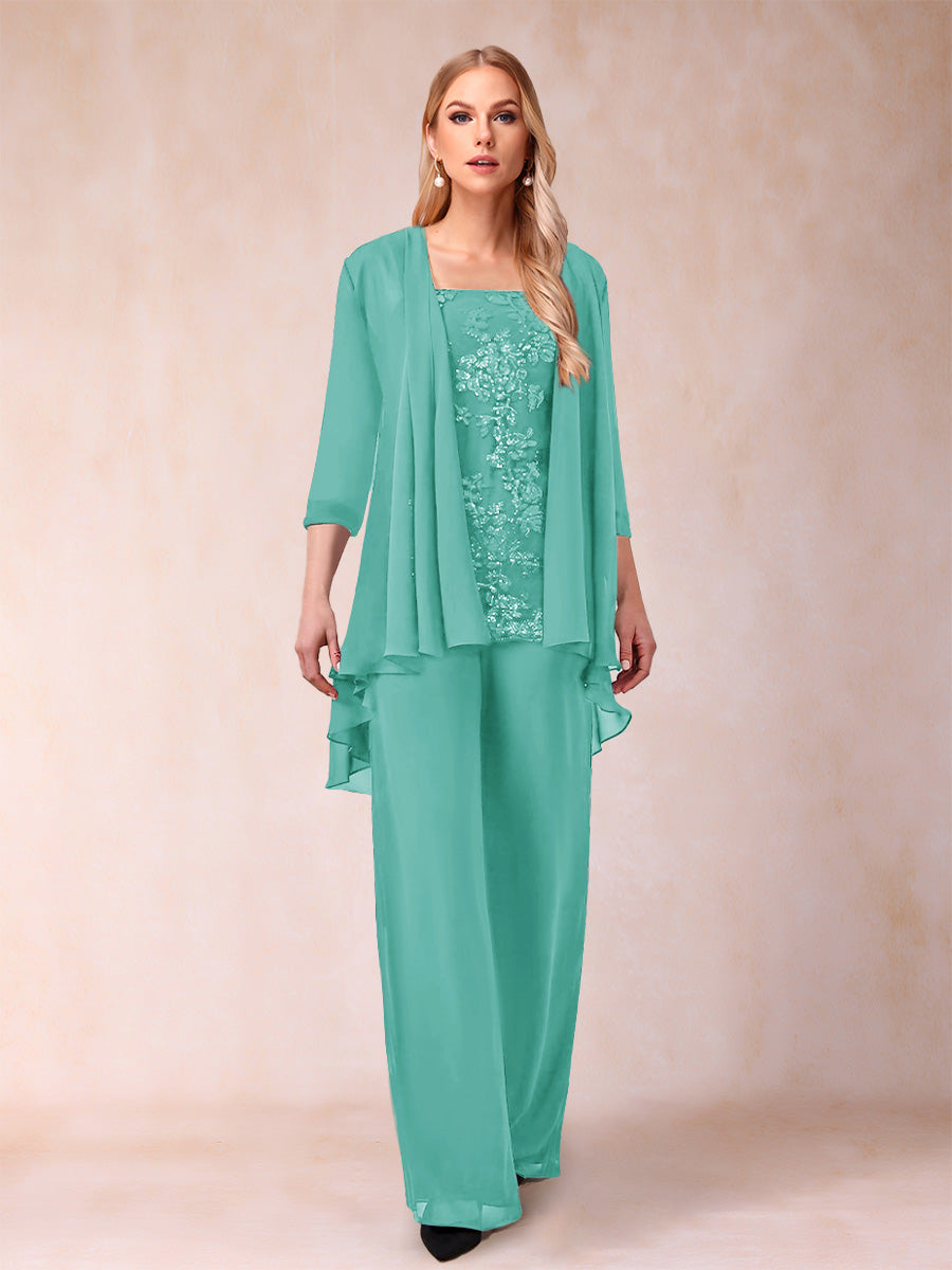 Chiffon Scoop 3/4 Sleeves 3 Pieces Pantsuits with Applique &amp; Jacket