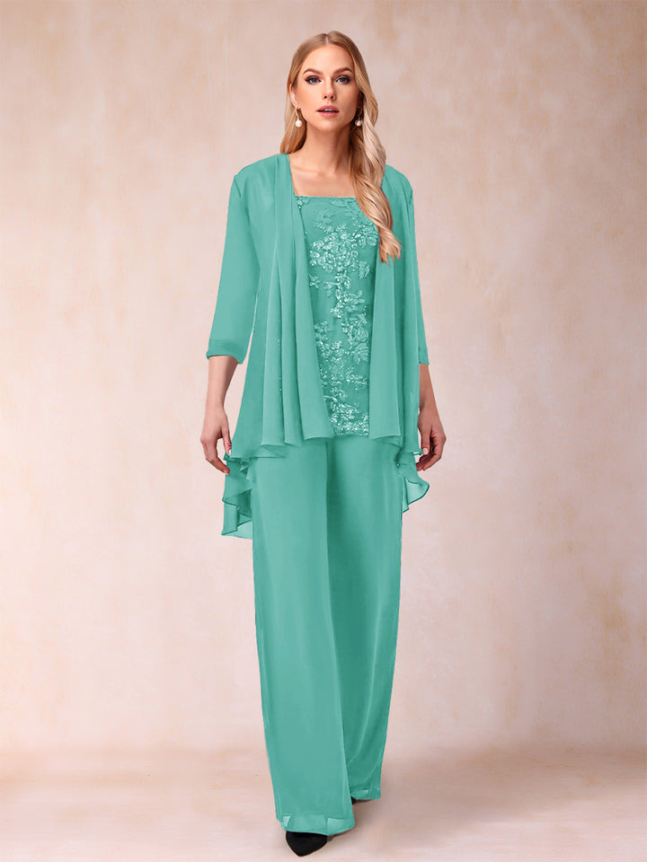 Chiffon Scoop 3/4 Sleeves 3 Pieces Pantsuits with Applique &amp; Jacket