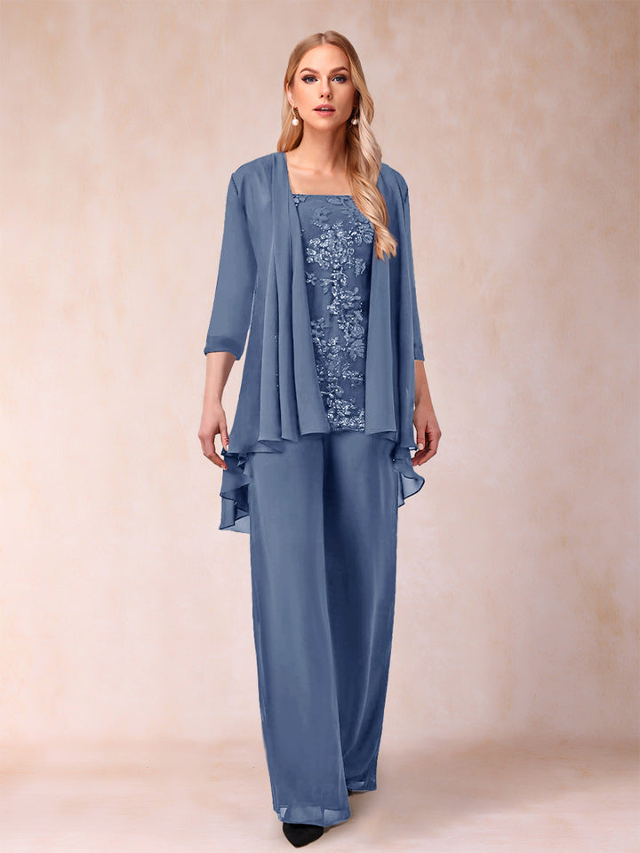 Chiffon Scoop 3/4 Sleeves 3 Pieces Pantsuits with Applique &amp; Jacket