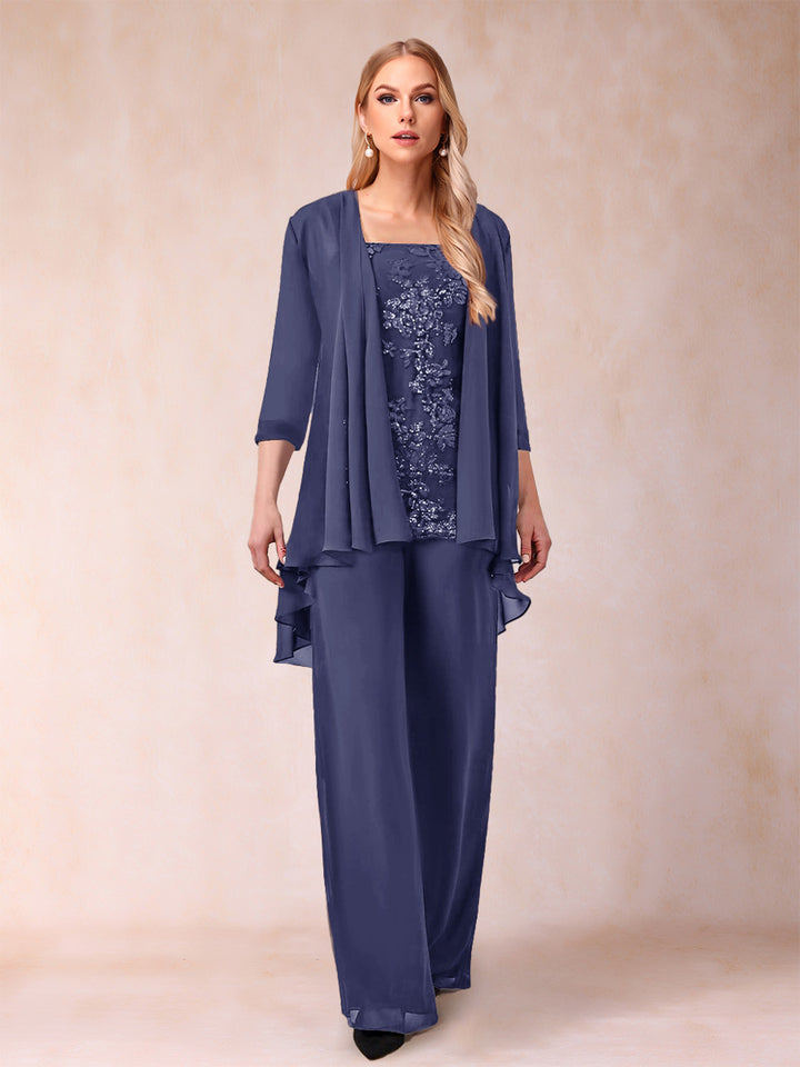 Chiffon Scoop 3/4 Sleeves 3 Pieces Pantsuits with Applique &amp; Jacket