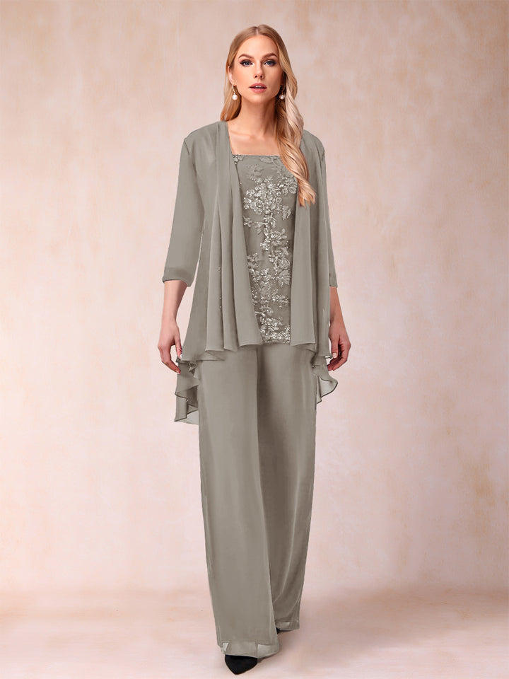 Chiffon Scoop 3/4 Sleeves 3 Pieces Pantsuits with Applique &amp; Jacket