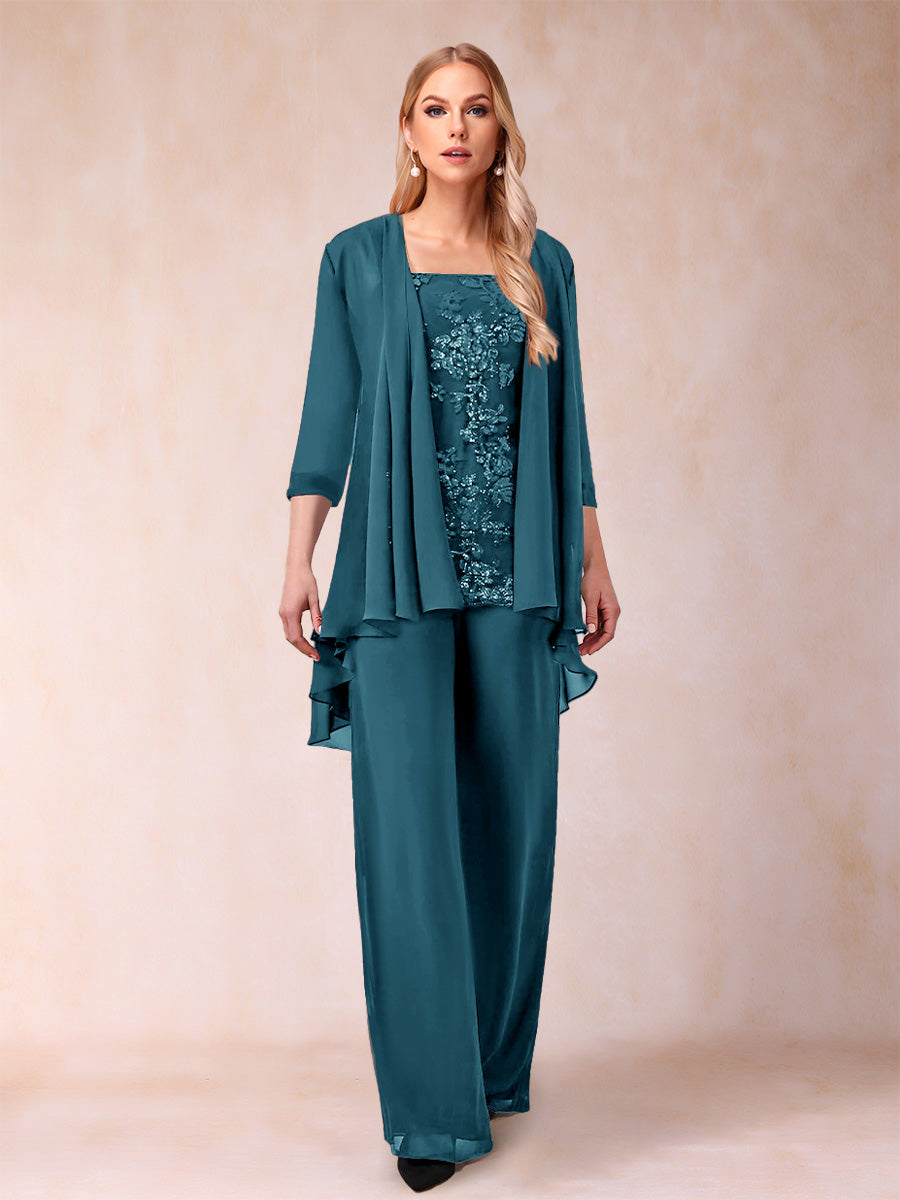 Chiffon Scoop 3/4 Sleeves 3 Pieces Pantsuits with Applique &amp; Jacket