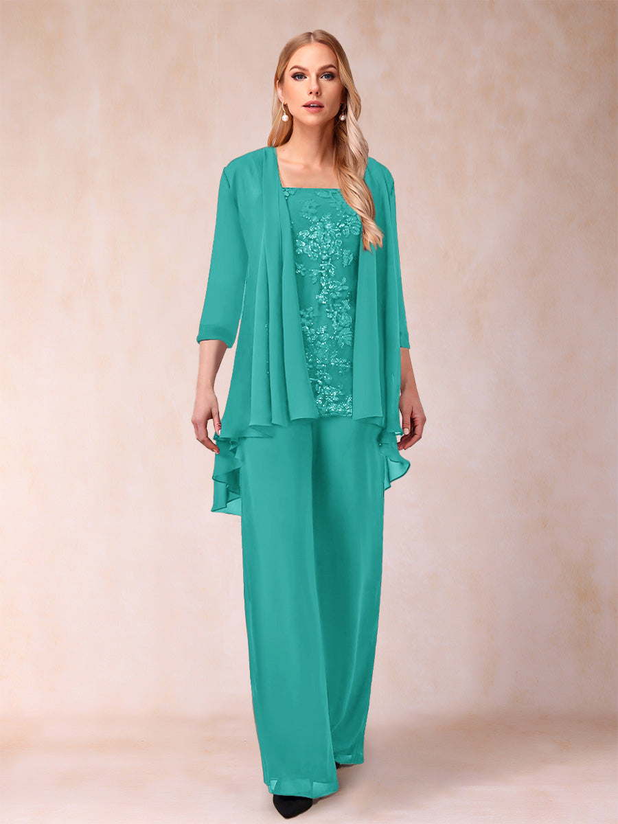 Chiffon Scoop 3/4 Sleeves 3 Pieces Pantsuits with Applique &amp; Jacket