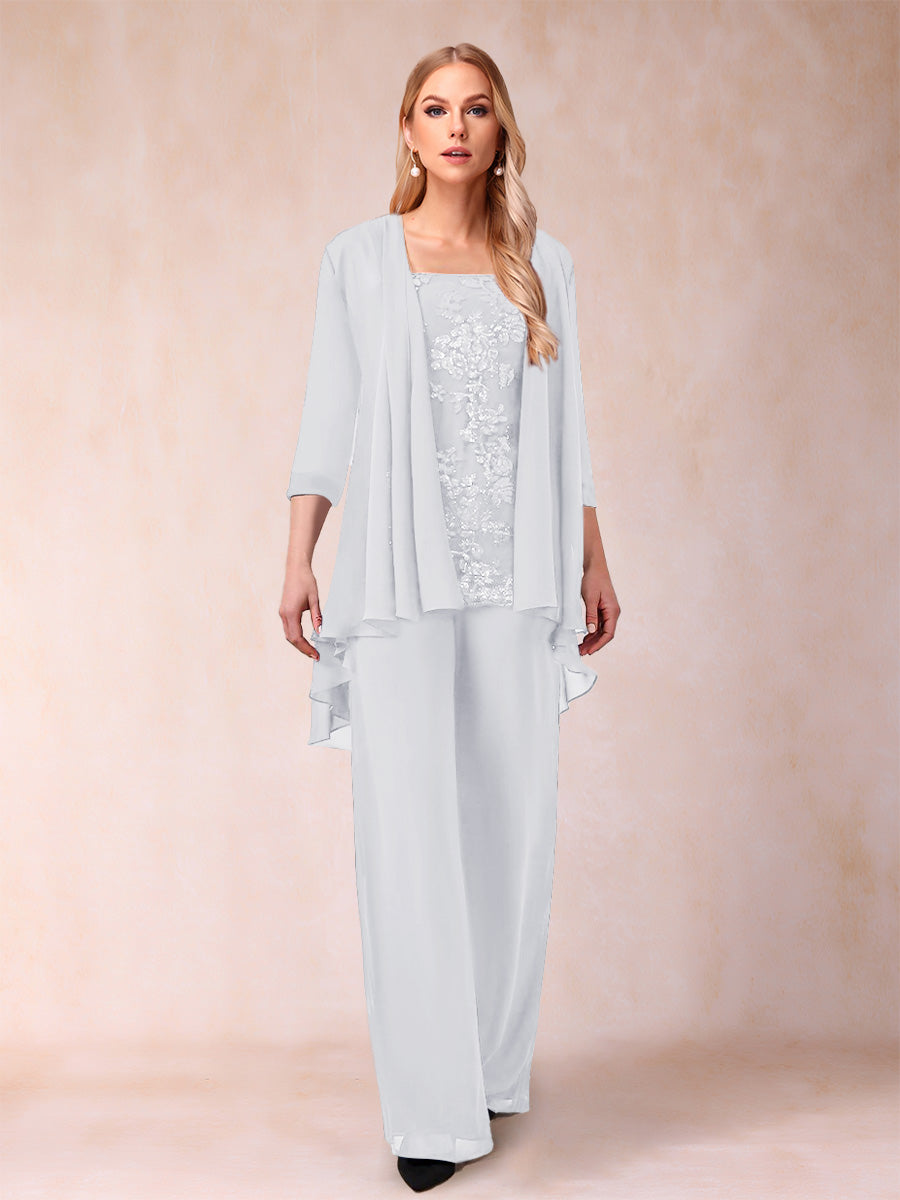 Chiffon Scoop 3/4 Sleeves 3 Pieces Pantsuits with Applique &amp; Jacket