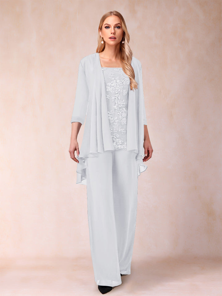 Chiffon Scoop 3/4 Sleeves 3 Pieces Pantsuits with Applique &amp; Jacket