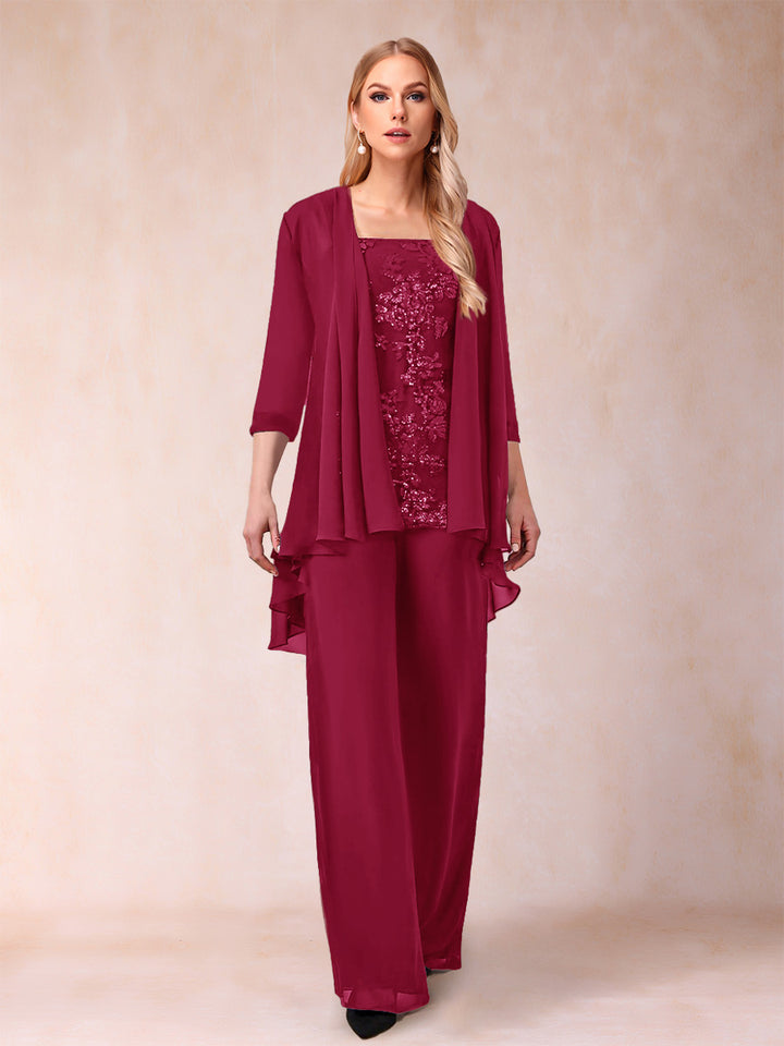 Chiffon Scoop 3/4 Sleeves 3 Pieces Pantsuits with Applique &amp; Jacket