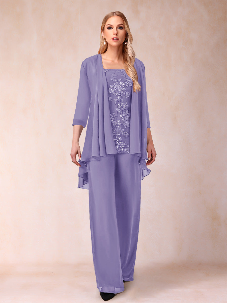 Chiffon Scoop 3/4 Sleeves 3 Pieces Pantsuits with Applique &amp; Jacket
