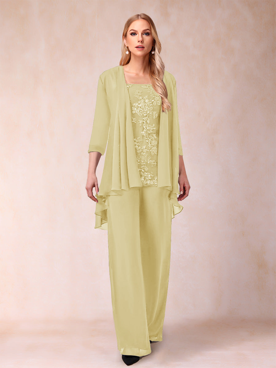 Chiffon Scoop 3/4 Sleeves 3 Pieces Pantsuits with Applique &amp; Jacket