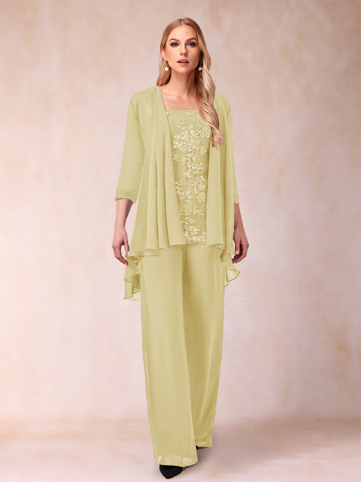 Chiffon Scoop 3/4 Sleeves 3 Pieces Pantsuits with Applique &amp; Jacket