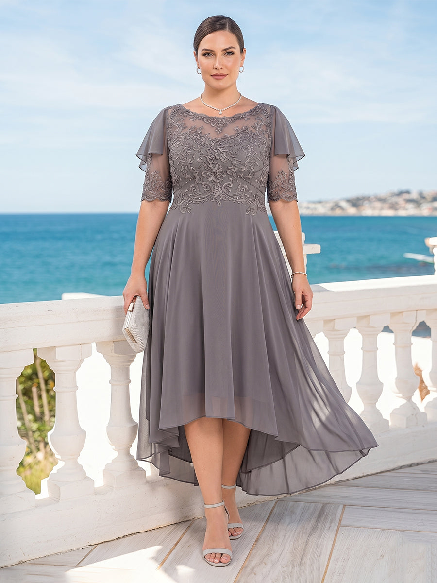 A-Line/Princess Scoop Half Sleeves Plus Size Mother of the Bride Dresses with Applique