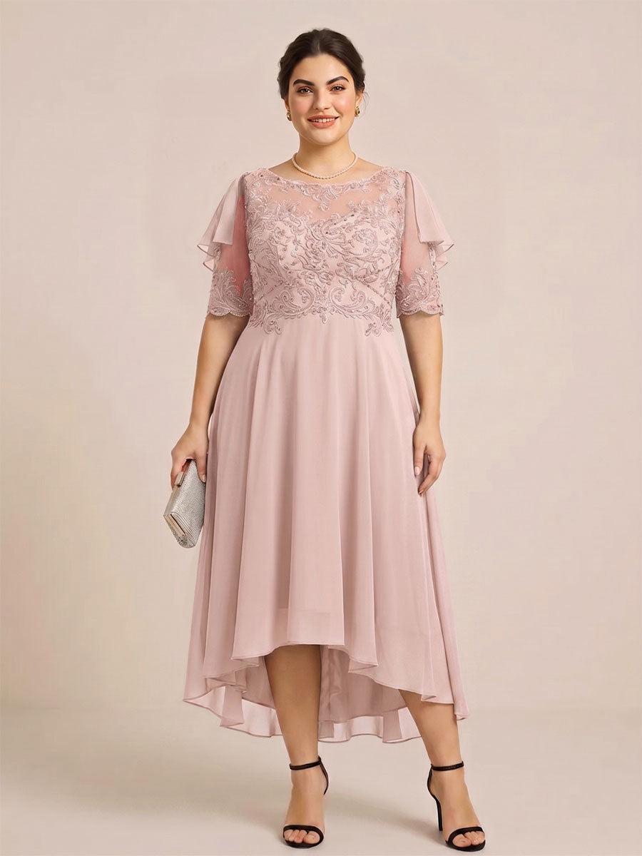 A-Line/Princess Scoop Half Sleeves Plus Size Mother of the Bride Dresses with Applique