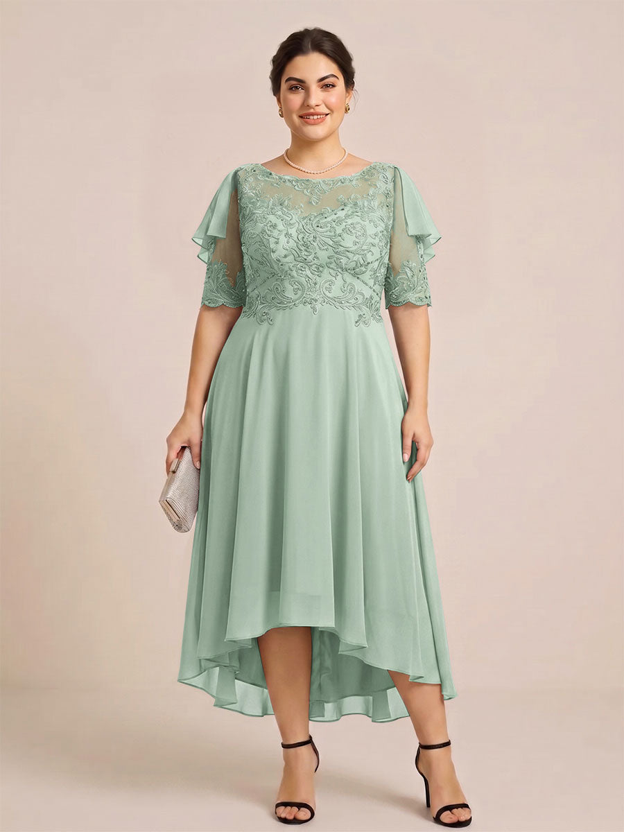 A-Line/Princess Scoop Half Sleeves Plus Size Mother of the Bride Dresses with Applique
