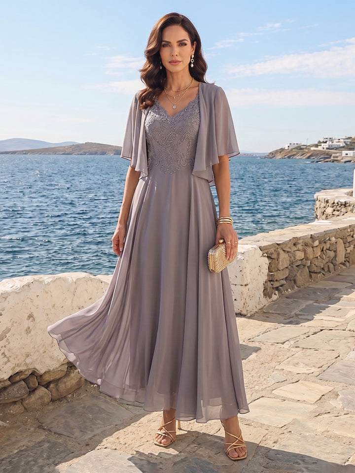 A-Line/Princess V-Neck Short Sleeves 2 Pieces Mother of the Bride Dress with Applique &amp; Jacket