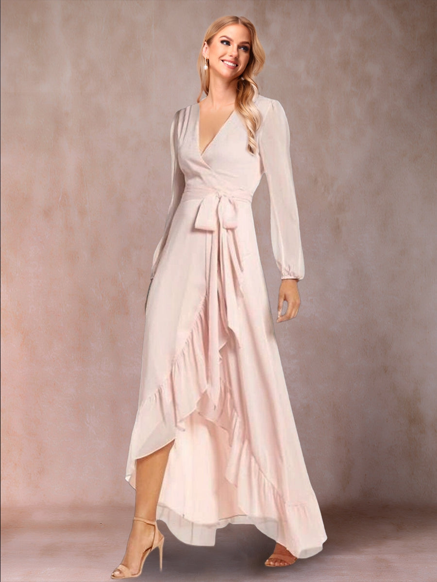 A-Line/Princess V-Neck Long Sleeves Wedding Guest Dresses with Ruffles