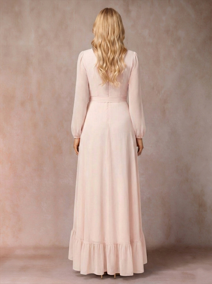 A-Line/Princess V-Neck Long Sleeves Wedding Guest Dresses with Ruffles
