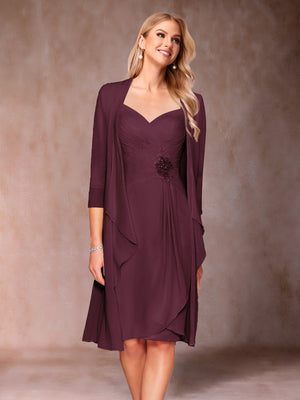 Sheath/Column V-Neck 3/4 Sleeves 2 Pieces Mother of the Bride Dresses with Ruched & Jacket