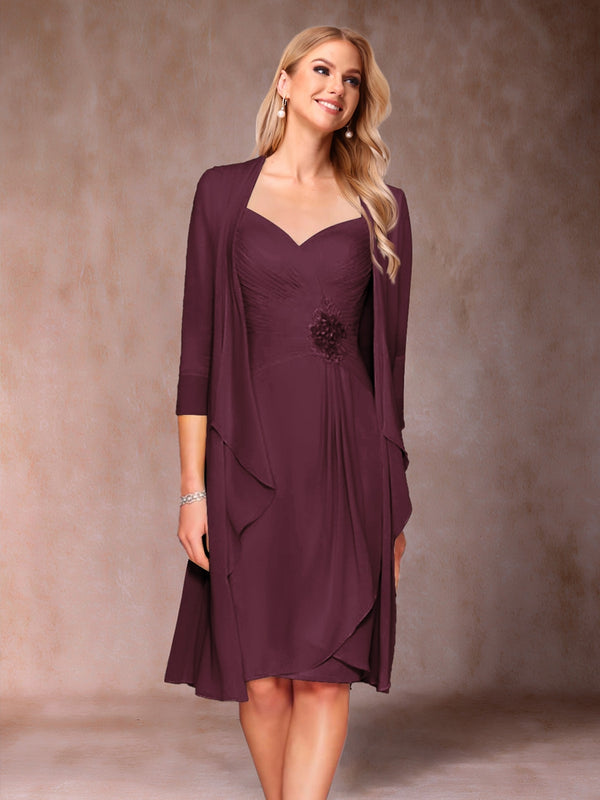 Sheath/Column V-Neck 3/4 Sleeves 2 Pieces Mother of the Bride Dresses with Ruched & Jacket