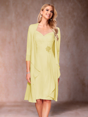 Sheath/Column V-Neck 3/4 Sleeves 2 Pieces Mother of the Bride Dresses with Ruched & Jacket