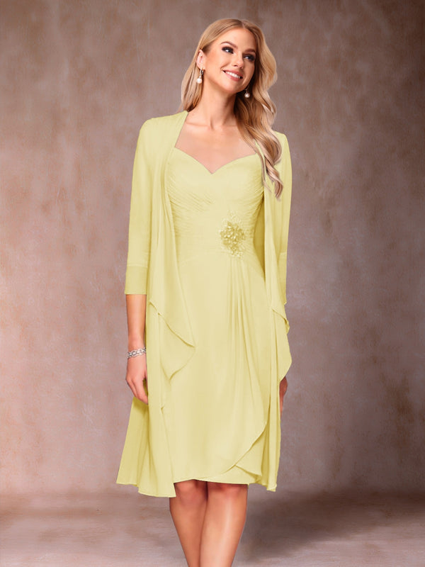 Sheath/Column V-Neck 3/4 Sleeves 2 Pieces Mother of the Bride Dresses with Ruched & Jacket