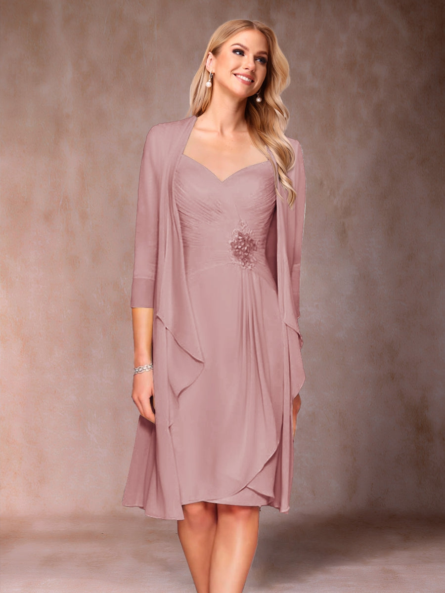 Sheath/Column V-Neck 3/4 Sleeves 2 Pieces Mother of the Bride Dresses with Ruched &amp; Jacket
