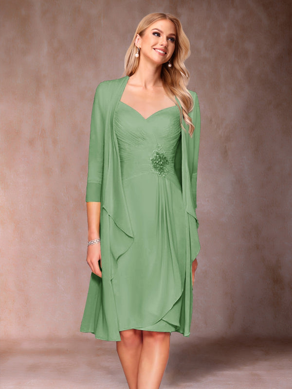 Sheath/Column V-Neck 3/4 Sleeves 2 Pieces Mother of the Bride Dresses with Ruched & Jacket