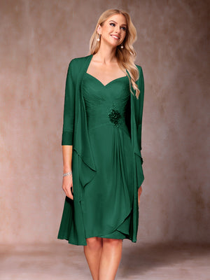 Sheath/Column V-Neck 3/4 Sleeves 2 Pieces Mother of the Bride Dresses with Ruched & Jacket