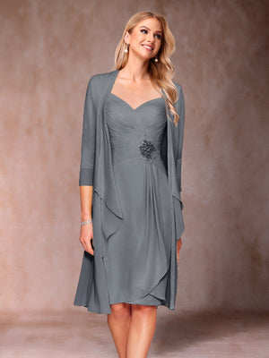 Sheath/Column V-Neck 3/4 Sleeves 2 Pieces Mother of the Bride Dresses with Ruched & Jacket