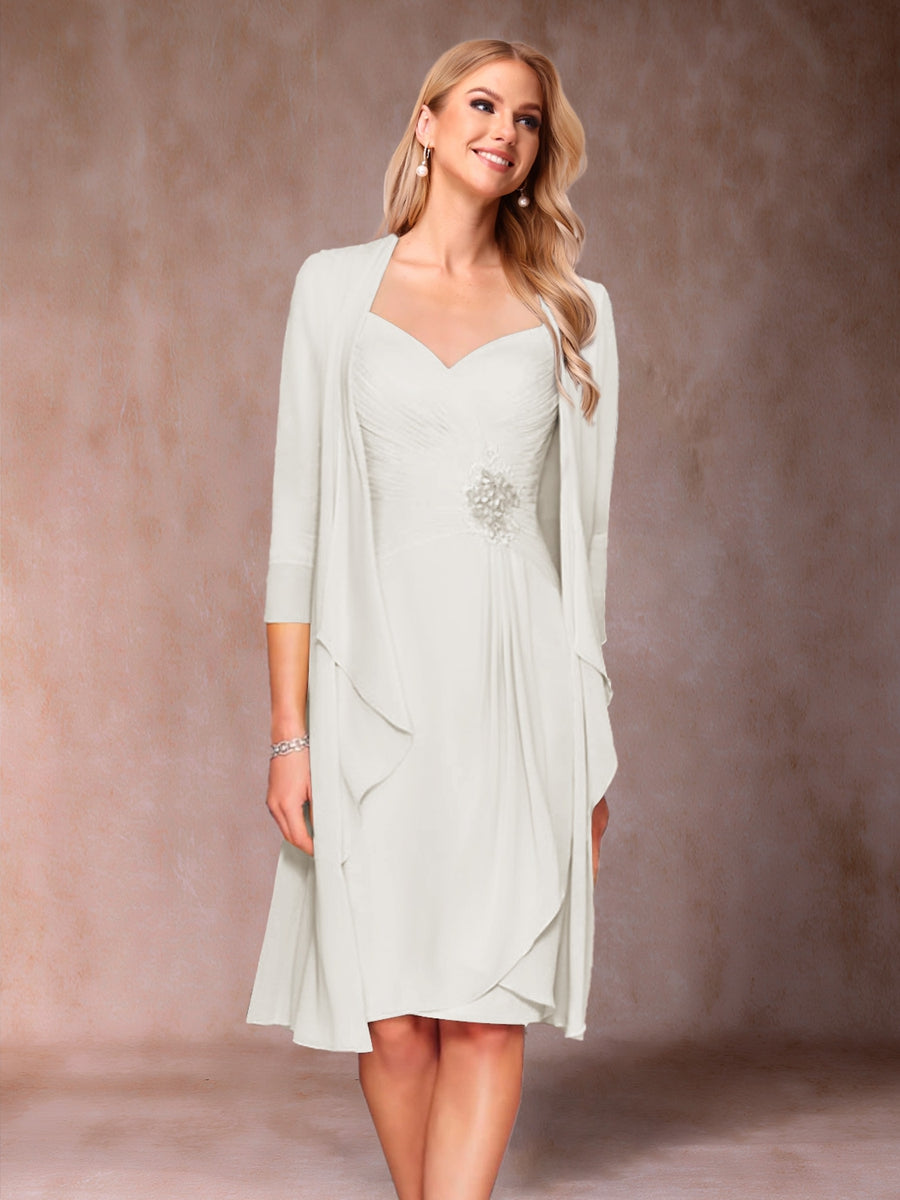Sheath/Column V-Neck 3/4 Sleeves 2 Pieces Mother of the Bride Dresses with Ruched &amp; Jacket
