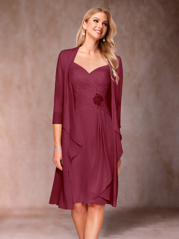 Sheath/Column V-Neck 3/4 Sleeves 2 Pieces Mother of the Bride Dresses with Ruched & Jacket