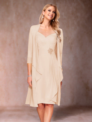Sheath/Column V-Neck 3/4 Sleeves 2 Pieces Mother of the Bride Dresses with Ruched & Jacket