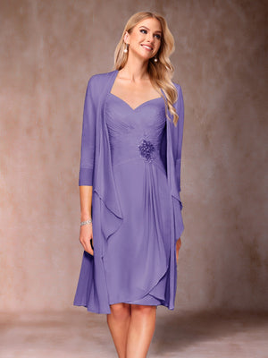 Sheath/Column V-Neck 3/4 Sleeves 2 Pieces Mother of the Bride Dresses with Ruched & Jacket